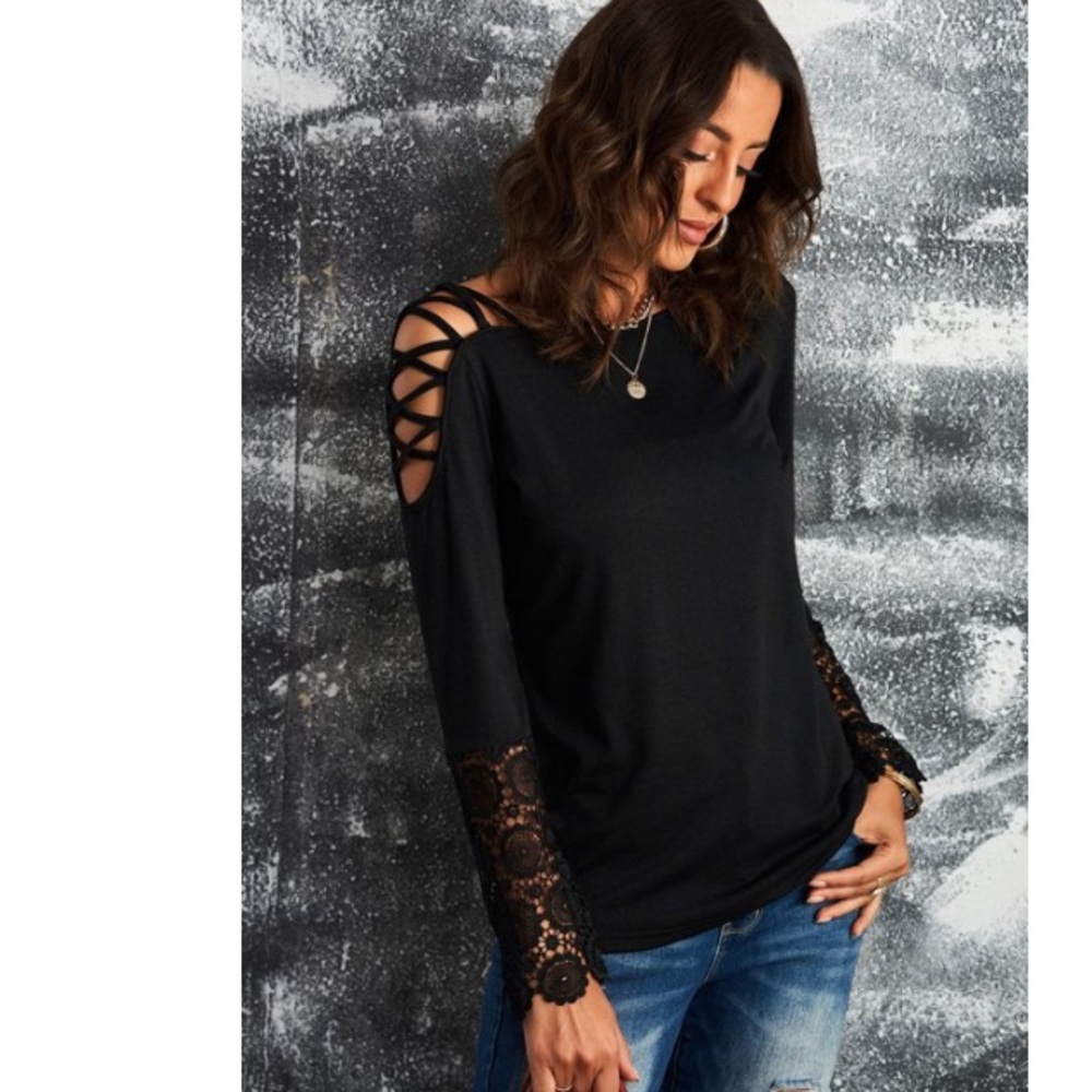 Trendsi Crisscross Spliced Lace Long Sleeve Asymmetrical Top Black Medium NWOT